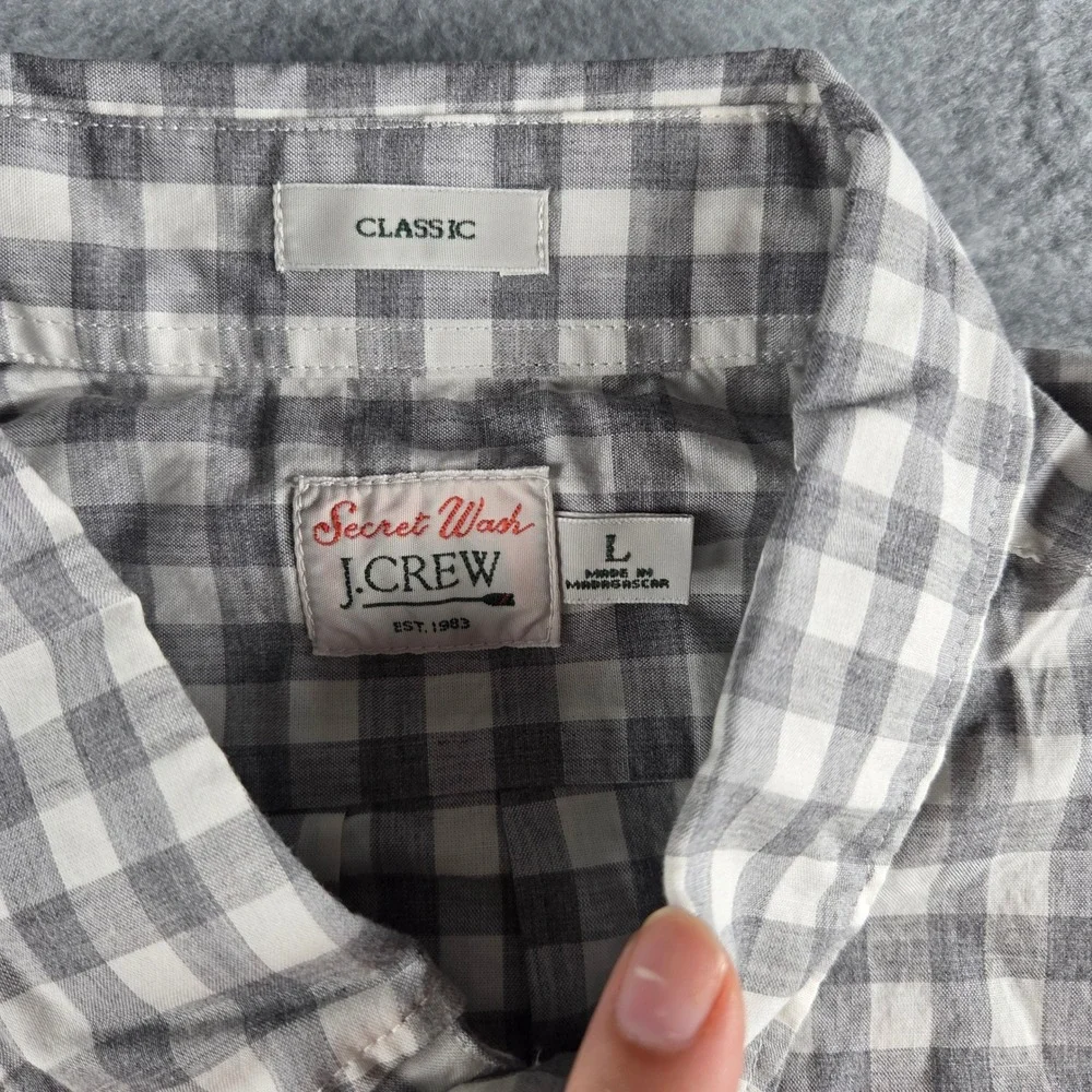 J.Crew Secret Wash Shirt Mens L Grey White Gingham Classic Fit BN126 NEW